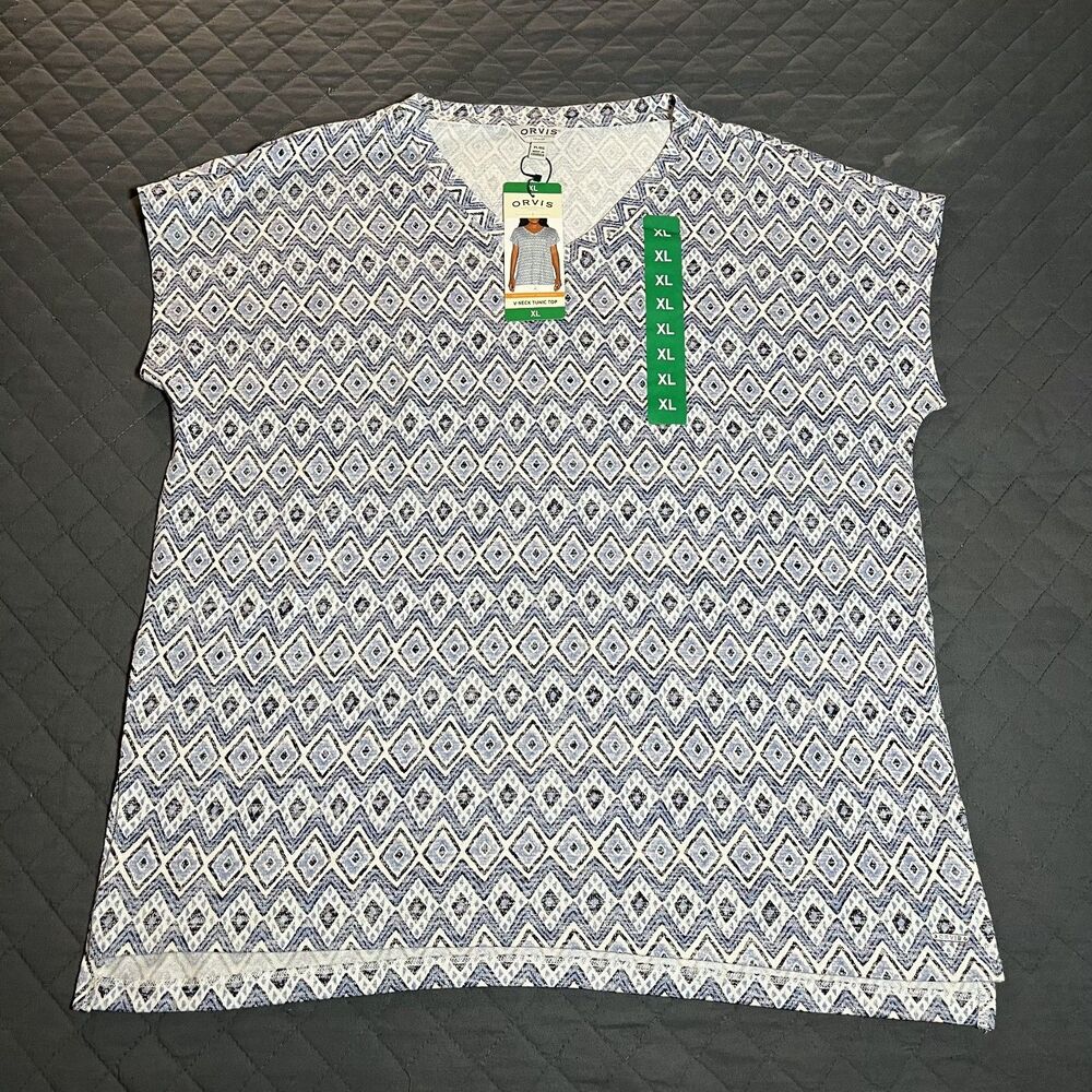 Orvis Women’s V-Neck Tunic Short Sleeve Top Blue White Diamond, XL